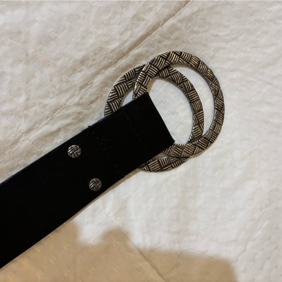 Chico's Black Leather Belt with Silver Double Ring Buckle 2” Wide Medium Large - Picture 9 of 12